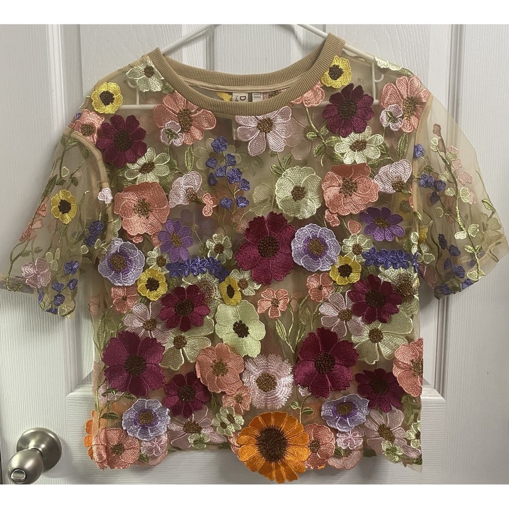 Anthropologie Dolan Left Coast 3D Flower Appliqué Sheer Top Pinks/Tan Blouse M/L